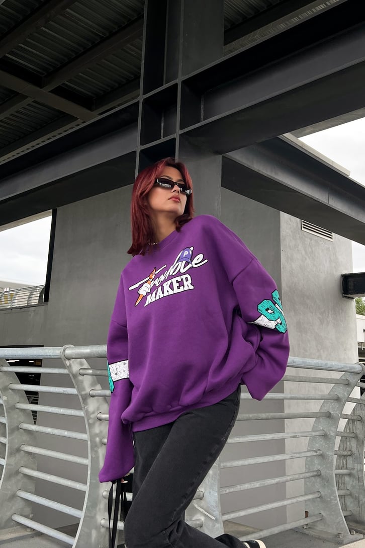Trouble Maker Baskılı Mor Oversize Sweatshirt