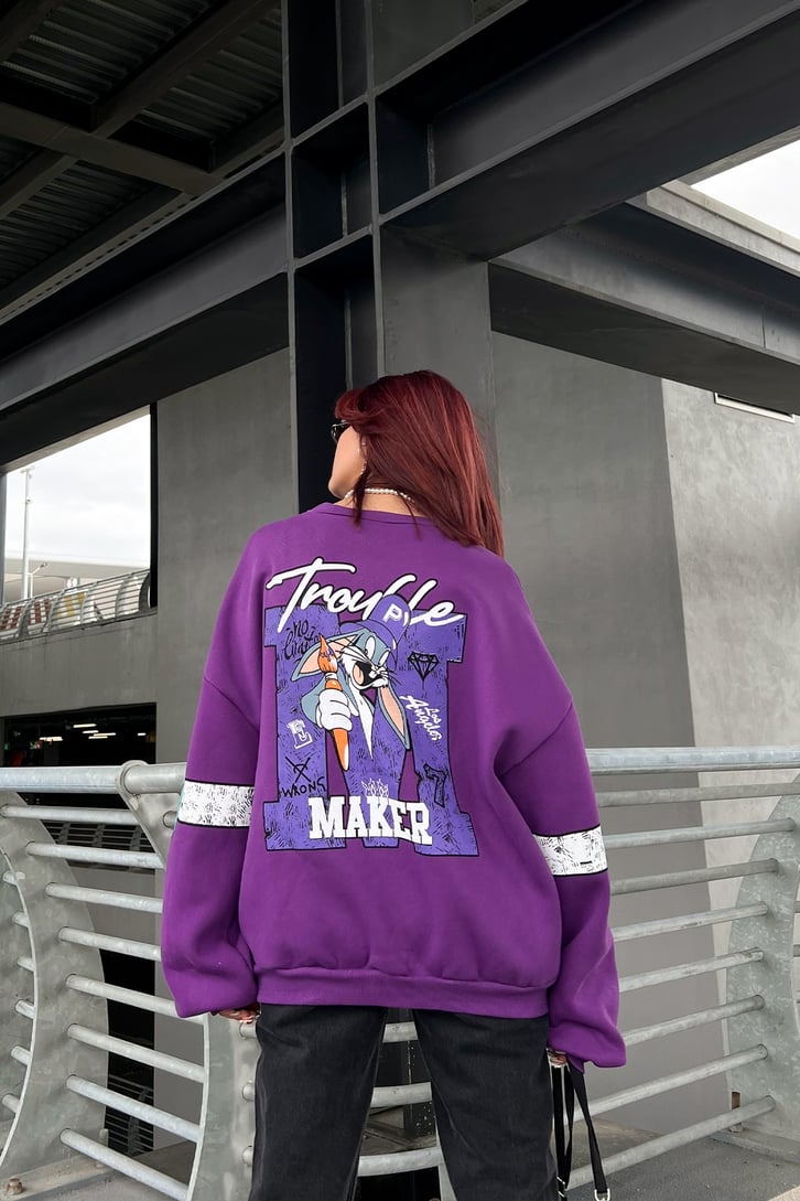Trouble Maker Baskılı Mor Oversize Sweatshirt