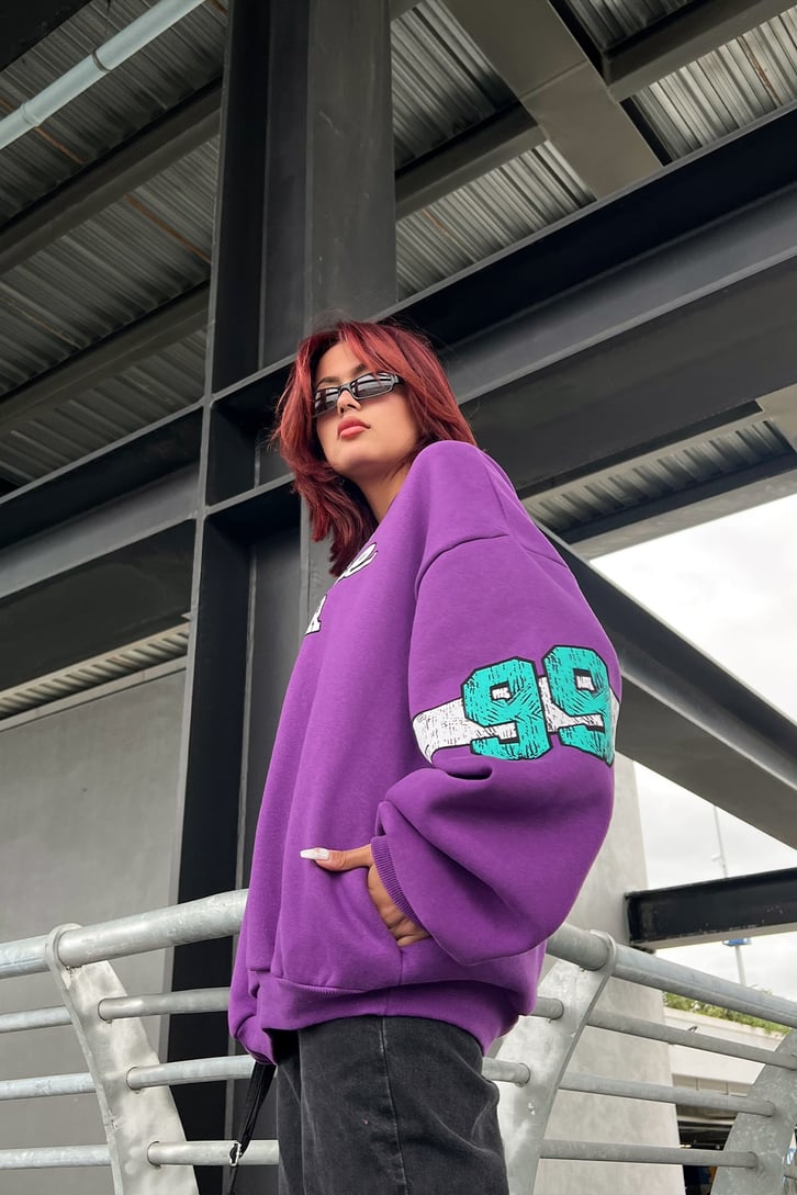Trouble Maker Baskılı Mor Oversize Sweatshirt