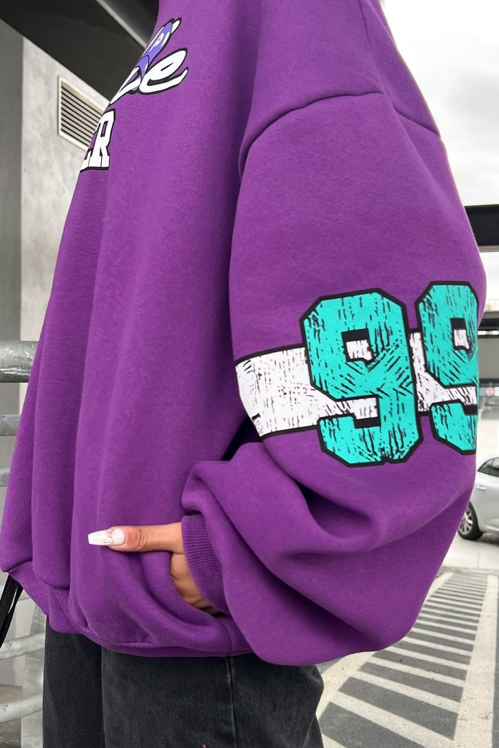 Trouble Maker Baskılı Mor Oversize Sweatshirt