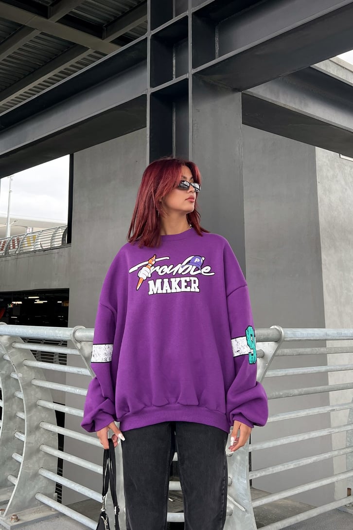 Trouble Maker Baskılı Mor Oversize Sweatshirt