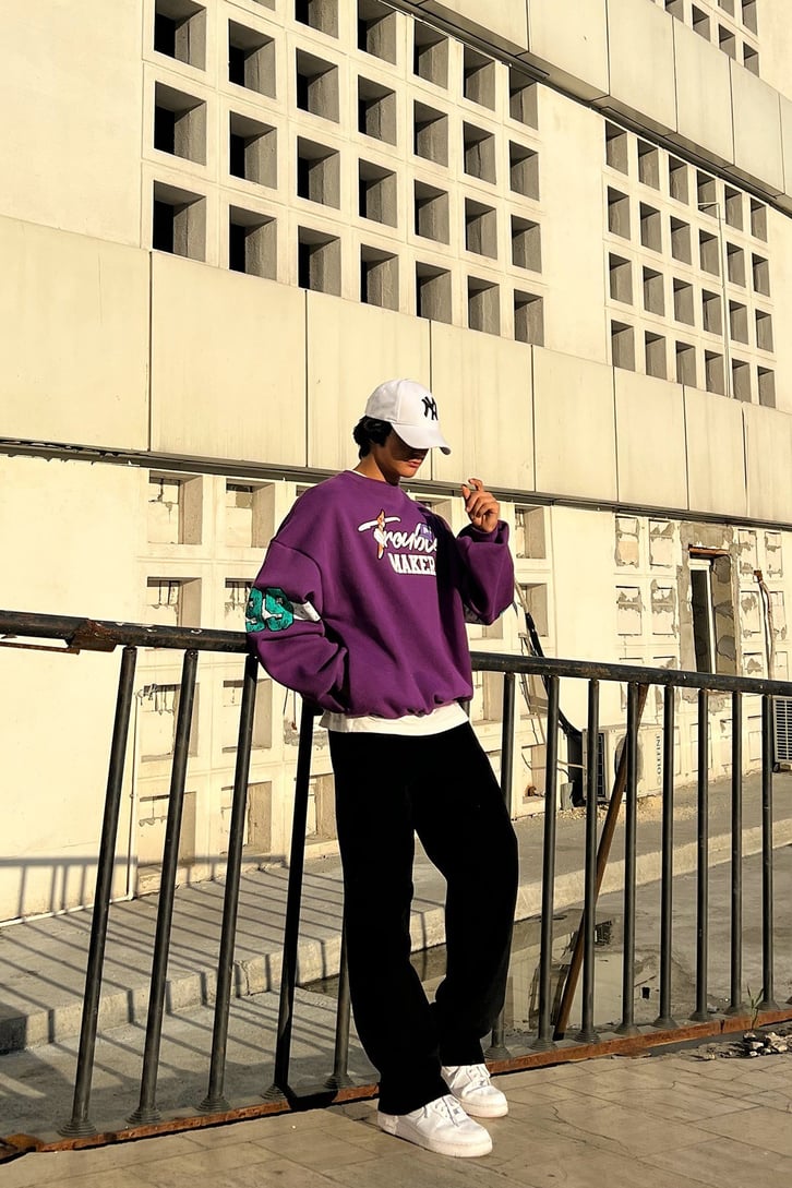 Trouble Maker Sırt Baskılı Mor Oversize Sweatshirt