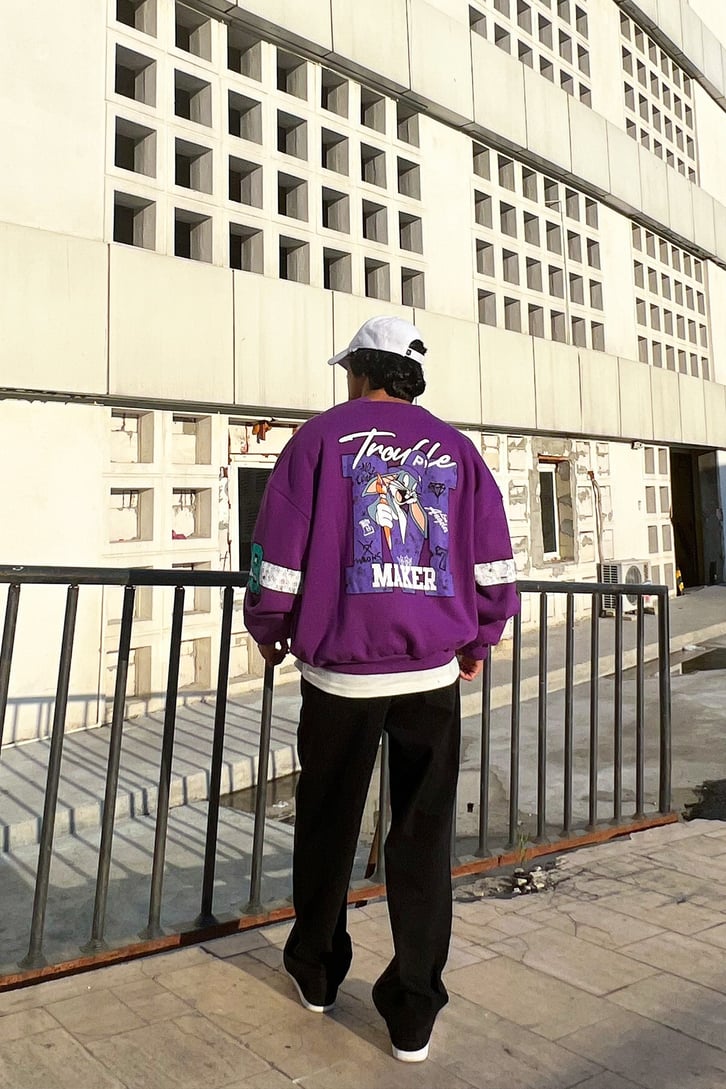 Trouble Maker Sırt Baskılı Mor Oversize Sweatshirt