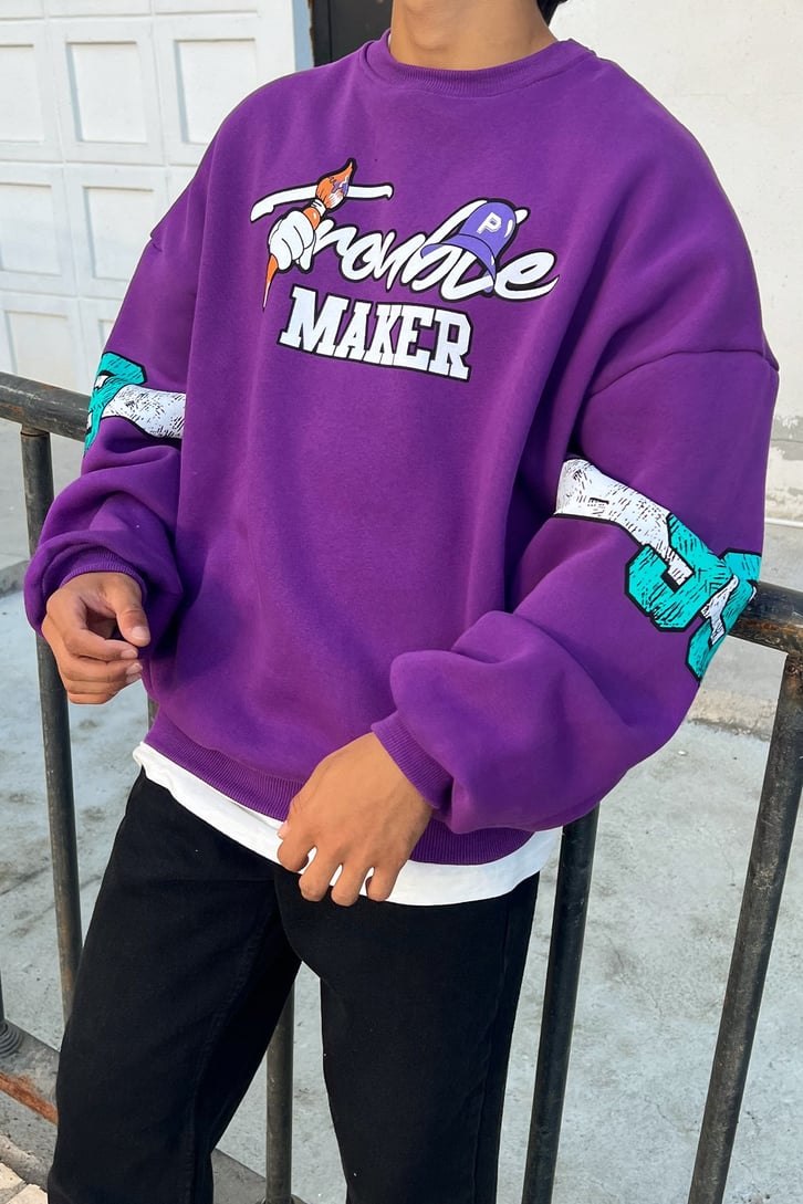 Trouble Maker Sırt Baskılı Mor Oversize Sweatshirt