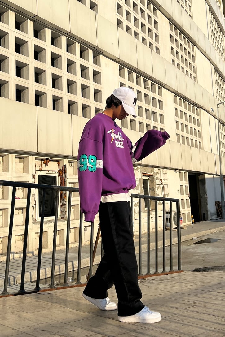 Trouble Maker Sırt Baskılı Mor Oversize Sweatshirt