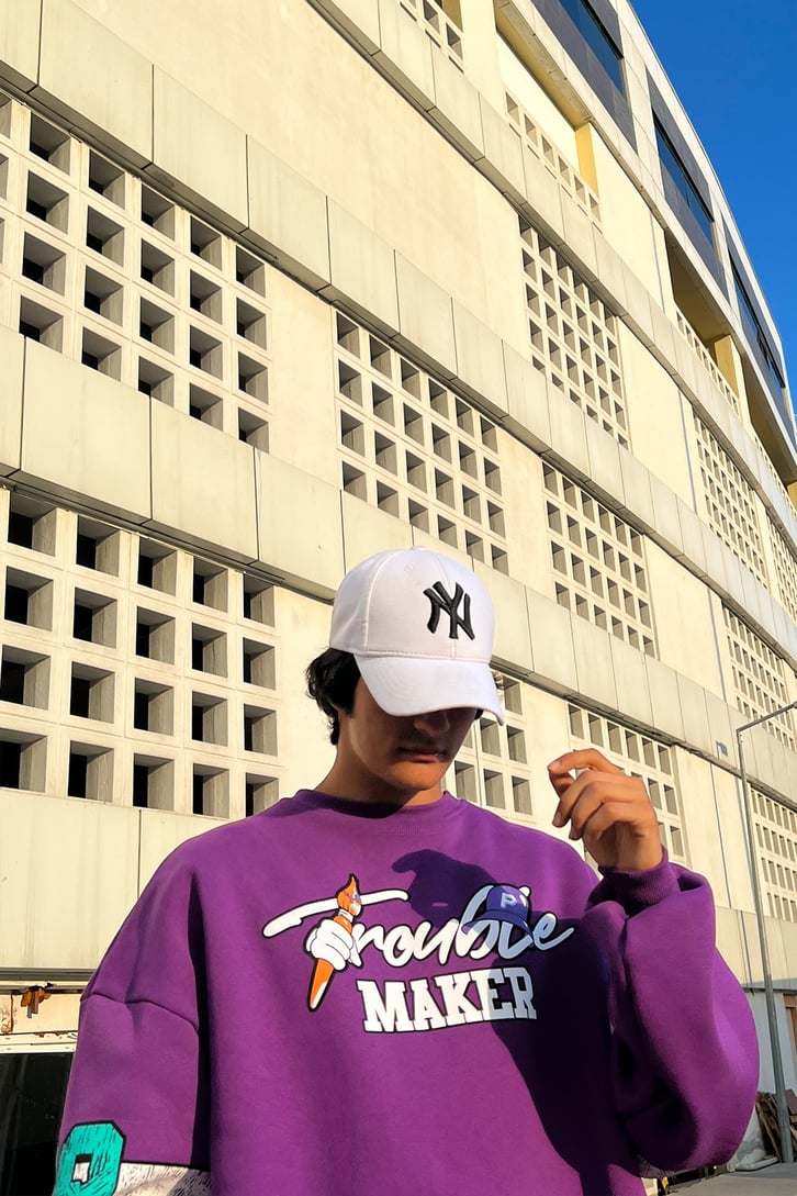 Trouble Maker Sırt Baskılı Mor Oversize Sweatshirt