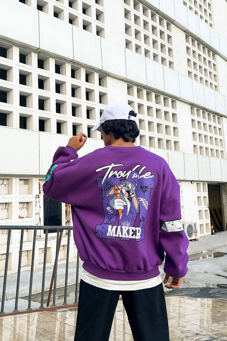 Trouble Maker Sırt Baskılı Mor Oversize Sweatshirt