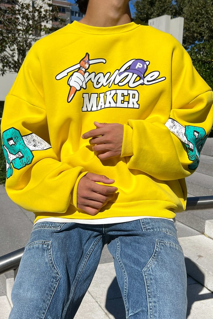 Trouble Maker Sırt Baskılı Mor Oversize Sweatshirt
