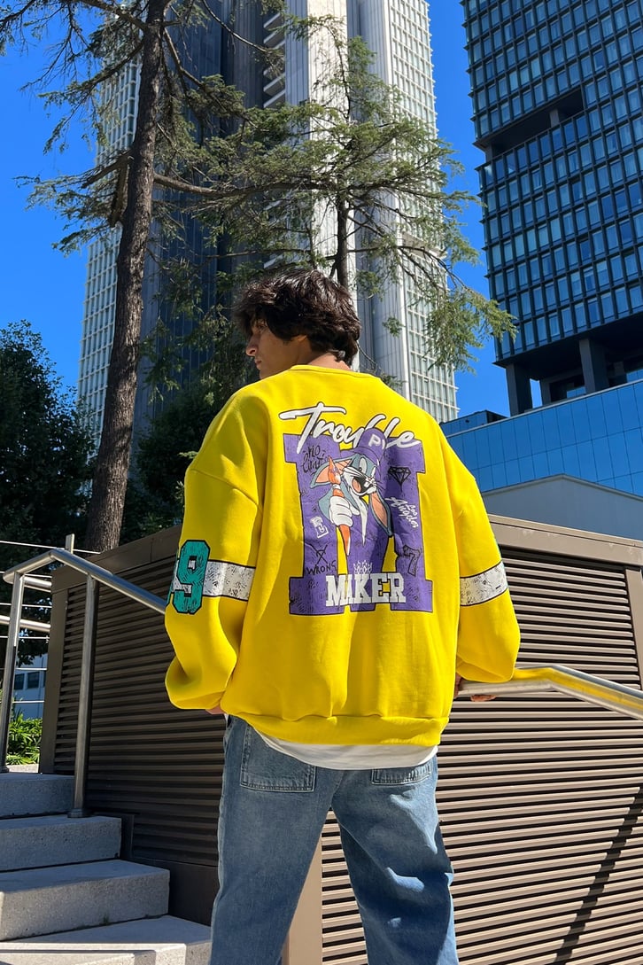 Trouble Maker Sırt Baskılı Mor Oversize Sweatshirt