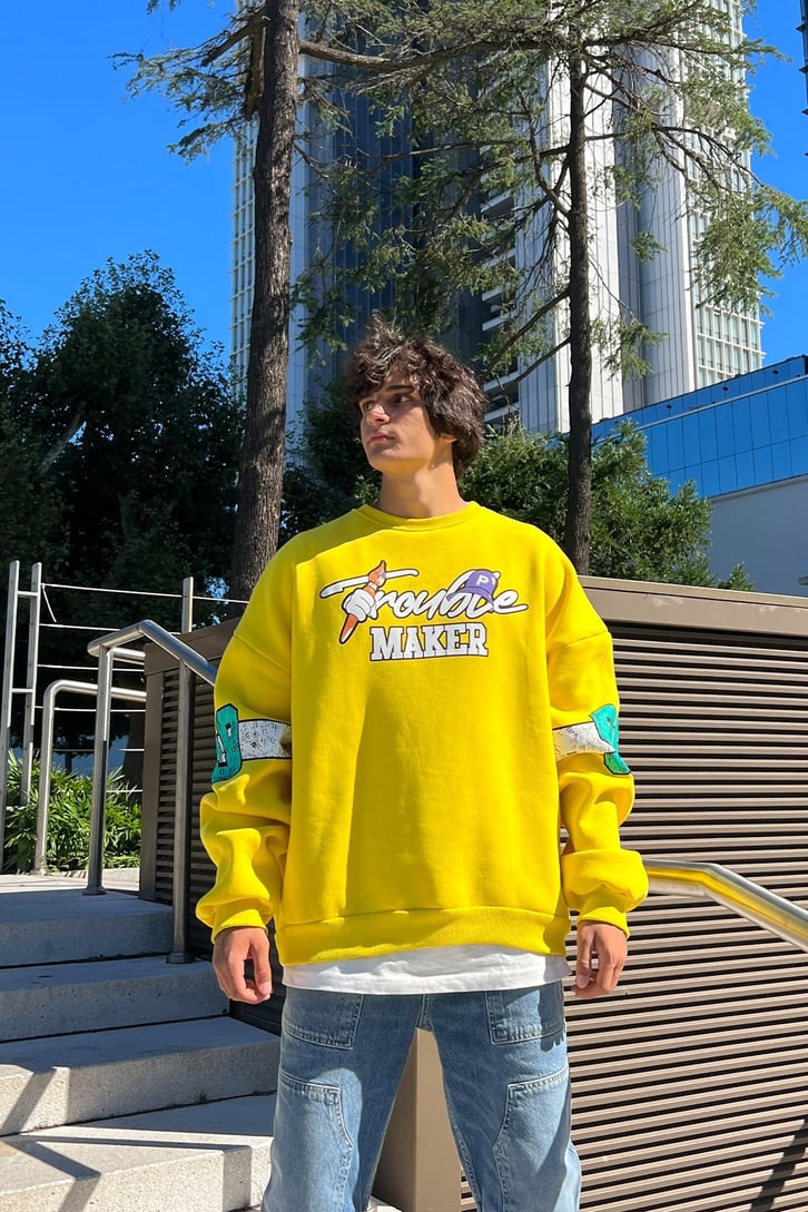 Trouble Maker Sırt Baskılı Mor Oversize Sweatshirt
