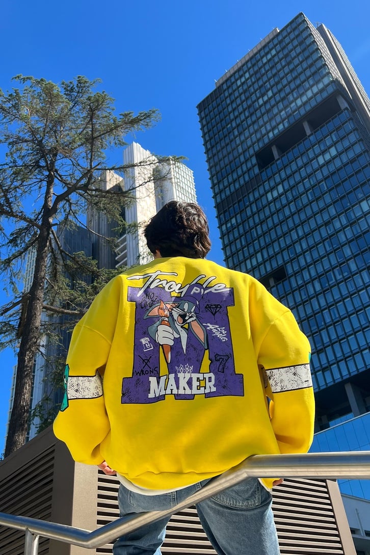 Trouble Maker Sırt Baskılı Mor Oversize Sweatshirt