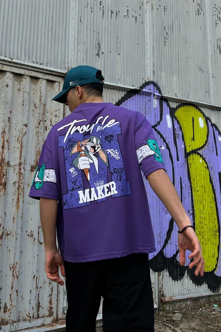 Troublemaker Baskılı Mor Oversize Tişört
