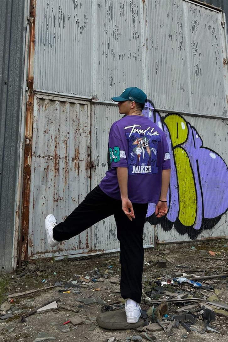 Troublemaker Baskılı Mor Oversize Tişört
