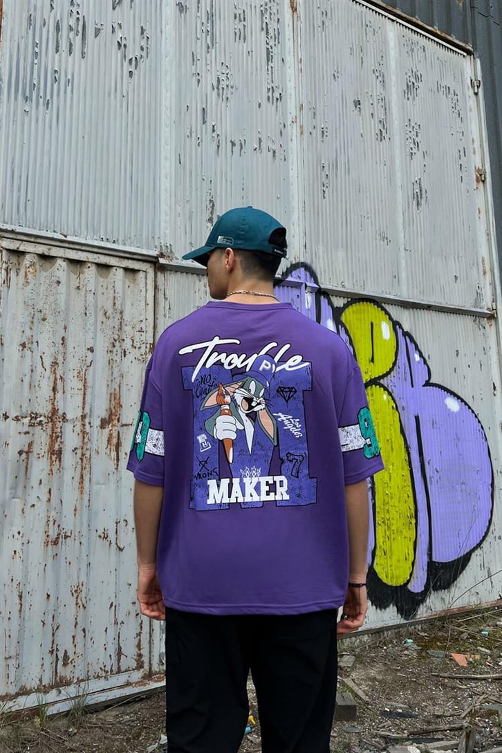 Troublemaker Baskılı Mor Oversize Tişört