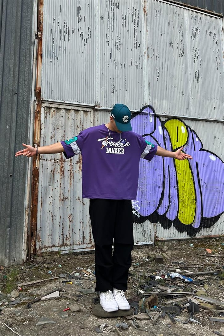 Troublemaker Baskılı Mor Oversize Tişört