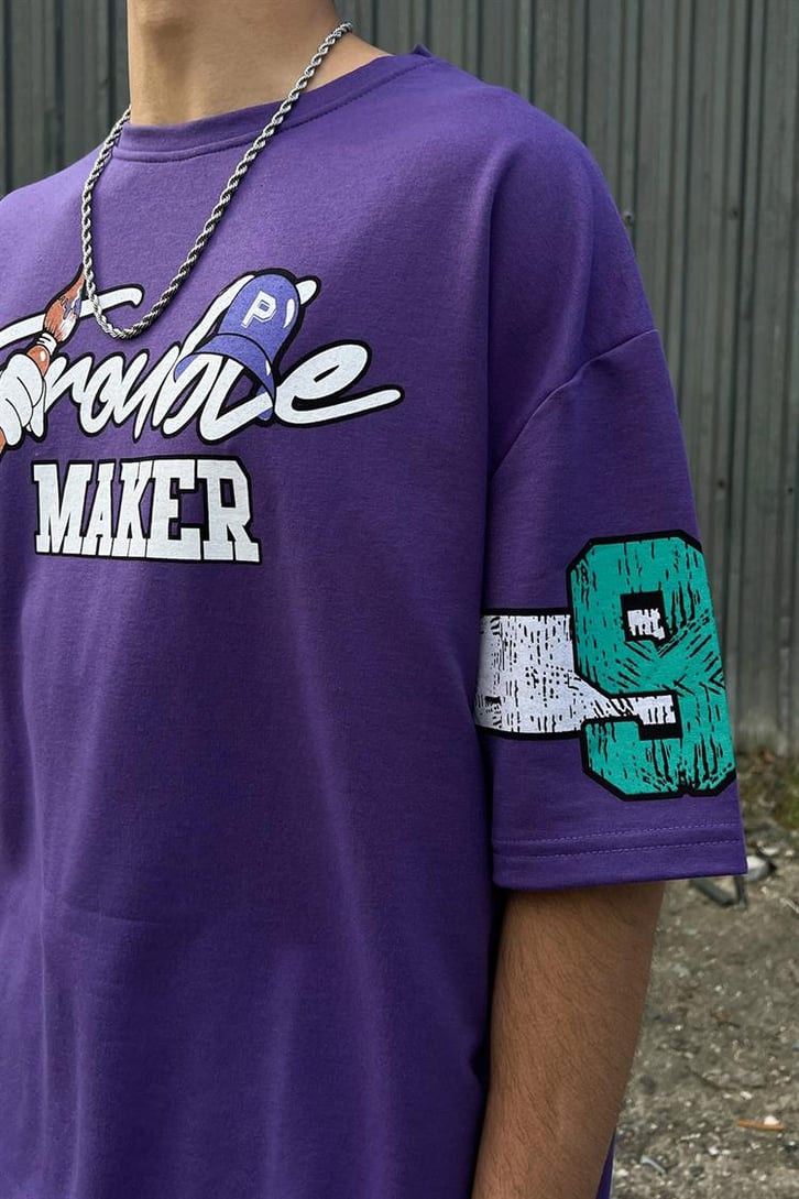 Troublemaker Baskılı Mor Oversize Tişört