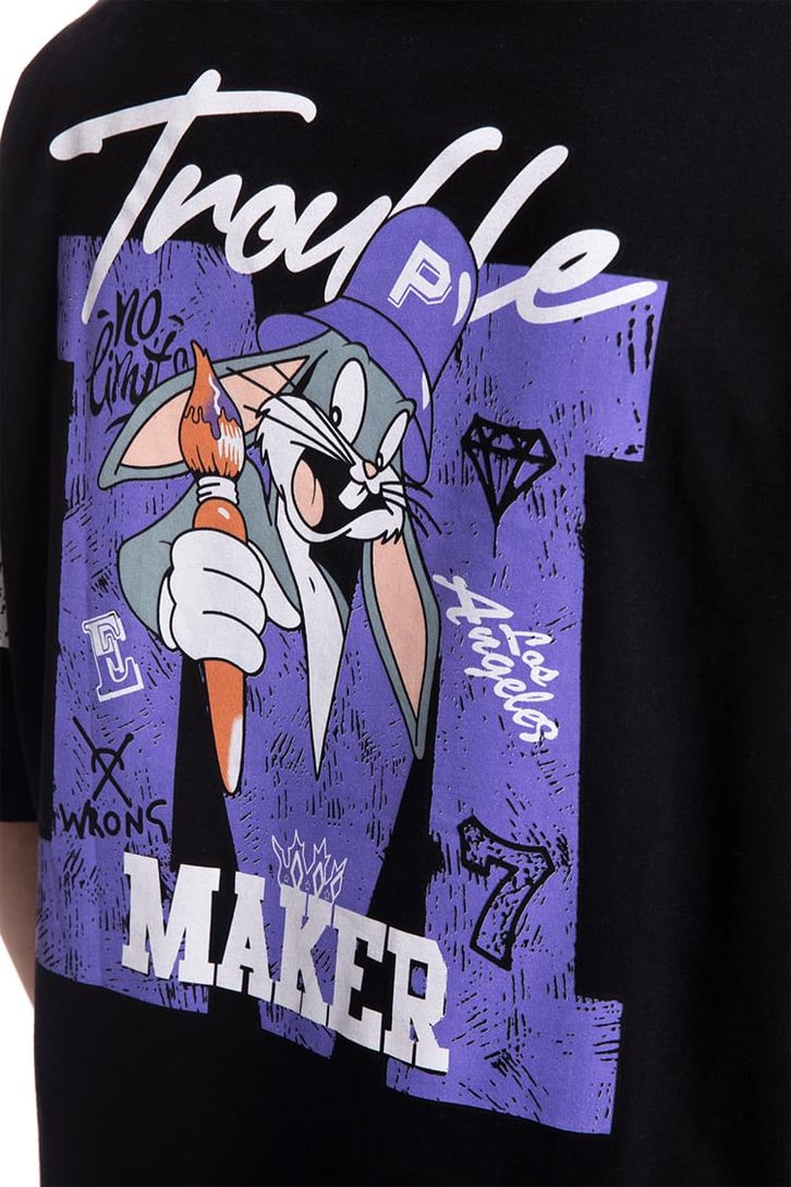 Troublemaker Baskılı Siyah Oversize Tişört