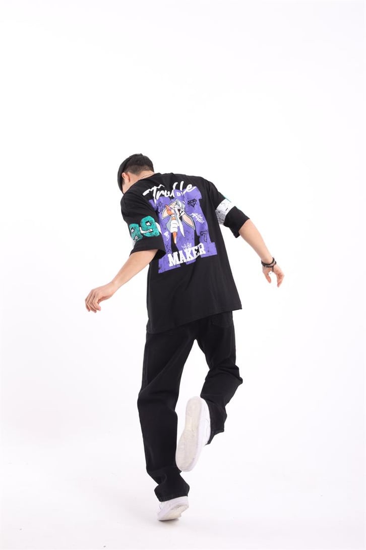 Troublemaker Baskılı Siyah Oversize Tişört