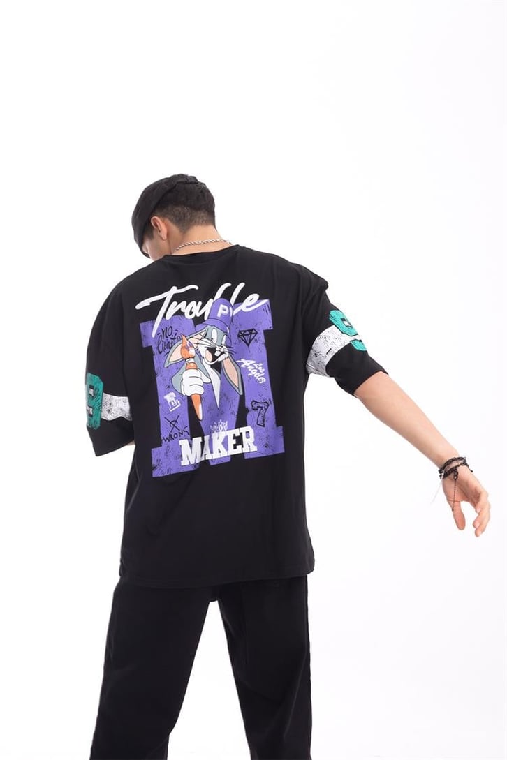 Troublemaker Baskılı Siyah Oversize Tişört