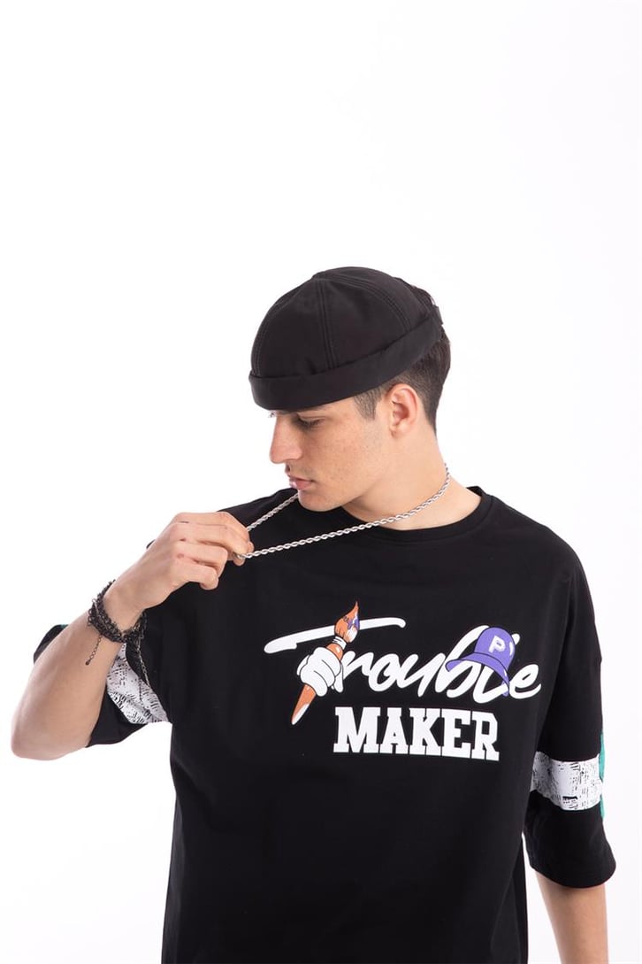 Troublemaker Baskılı Siyah Oversize Tişört