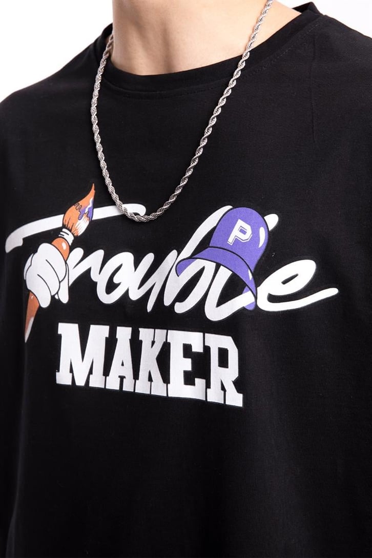 Troublemaker Baskılı Siyah Oversize Tişört