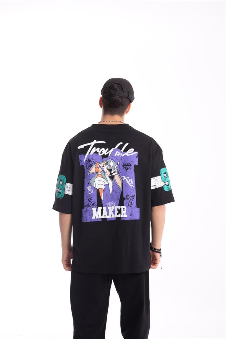 Troublemaker Baskılı Siyah Oversize Tişört
