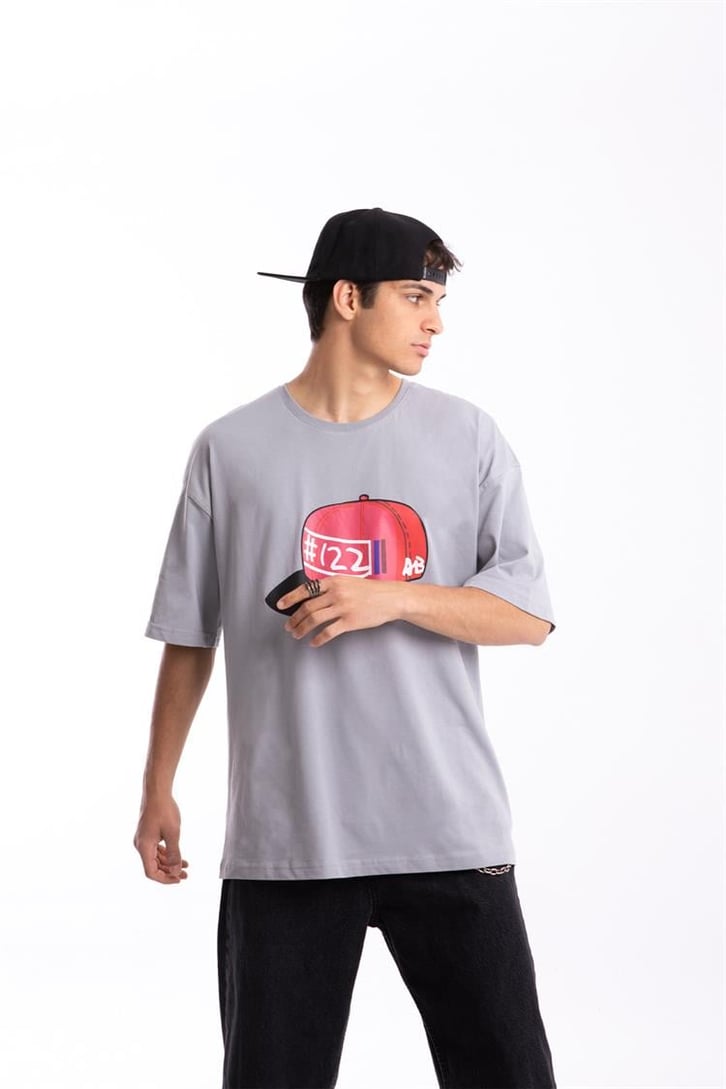Trucker Hat Baskılı Buz Gri Oversize Tshirt