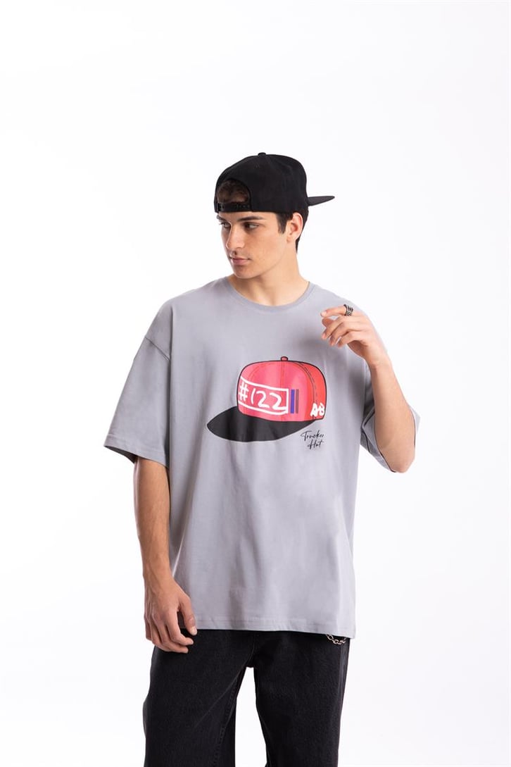 Trucker Hat Baskılı Buz Gri Oversize Tshirt