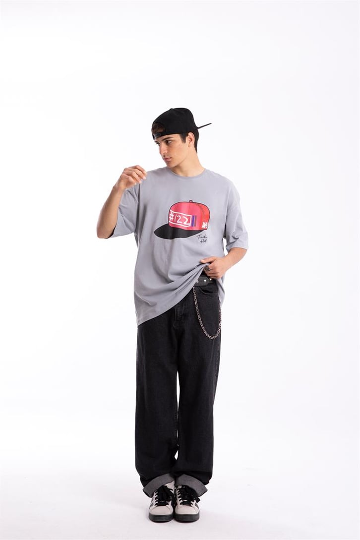 Trucker Hat Baskılı Buz Gri Oversize Tshirt