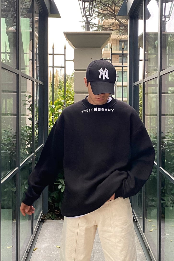 Trust No Body Premium Oversize Printed Siyah Sweatshirt