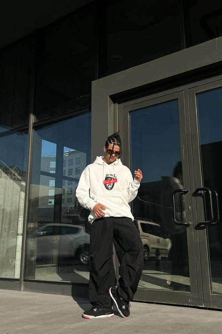 Trust No One Baskılı Beyaz İçi Pamuklu Oversize Hoodie
