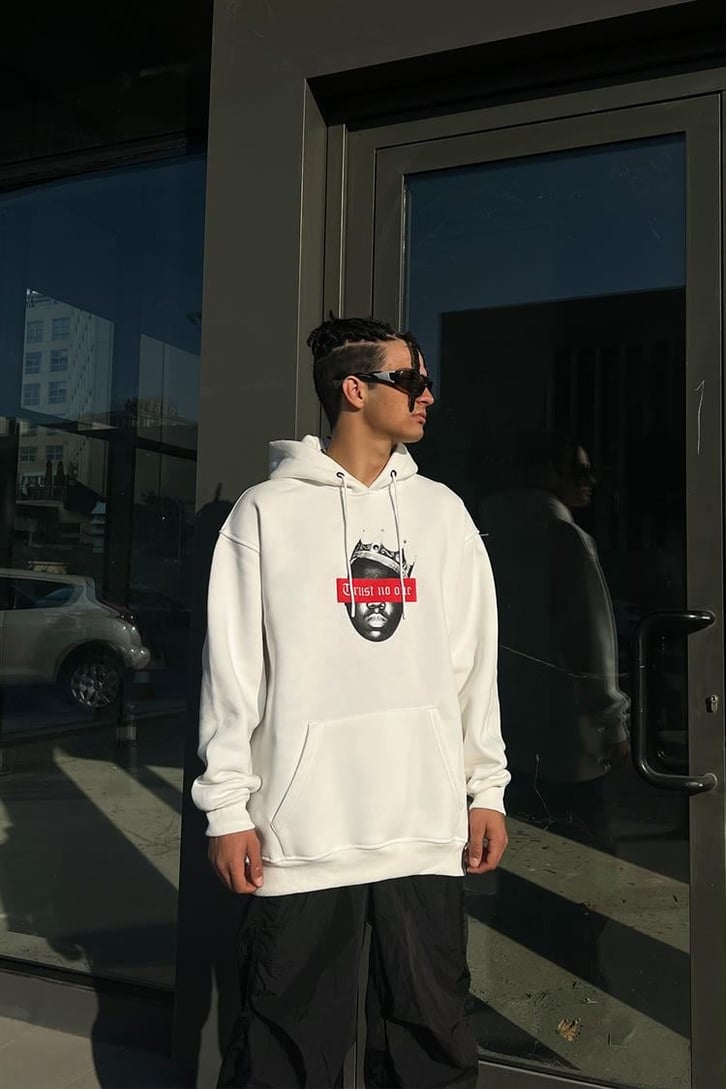 Trust No One Baskılı Beyaz İçi Pamuklu Oversize Hoodie