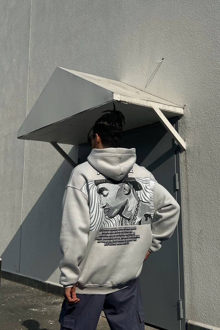 Tupac Baskılı Buz Gri Oversize Sweatshirt