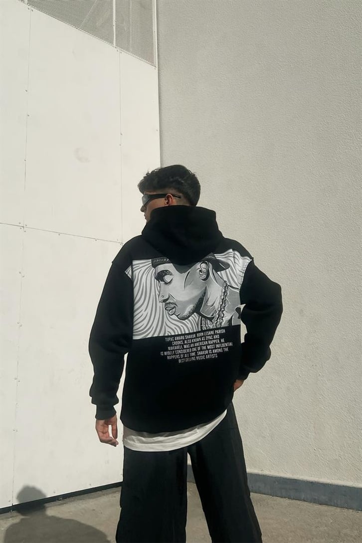 Tupac Baskılı Siyah İçi Pamuklu Oversize Hoodie