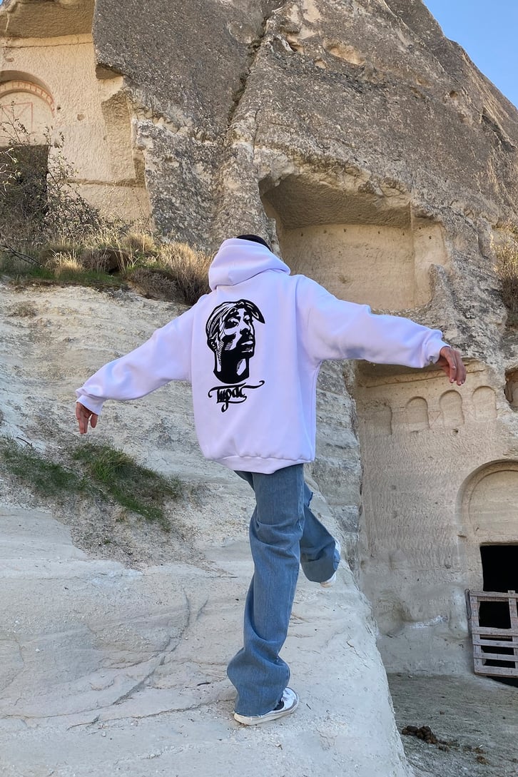 TUPAC YAZI BASKILI EXTRA OVERSIZE HOODIE