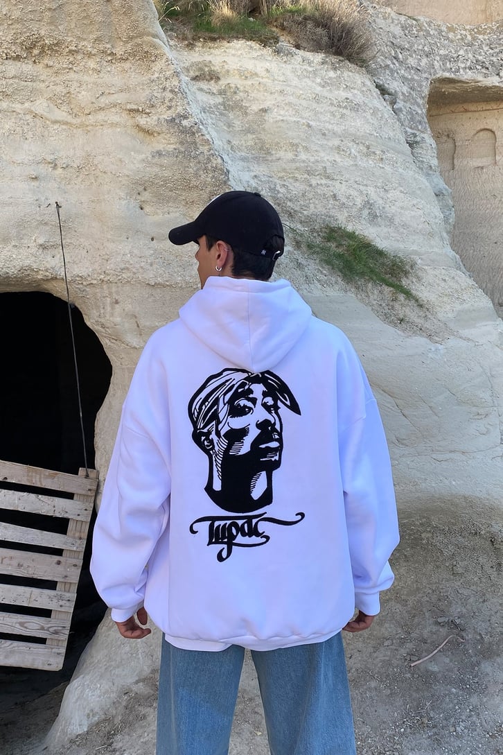 TUPAC YAZI BASKILI EXTRA OVERSIZE HOODIE