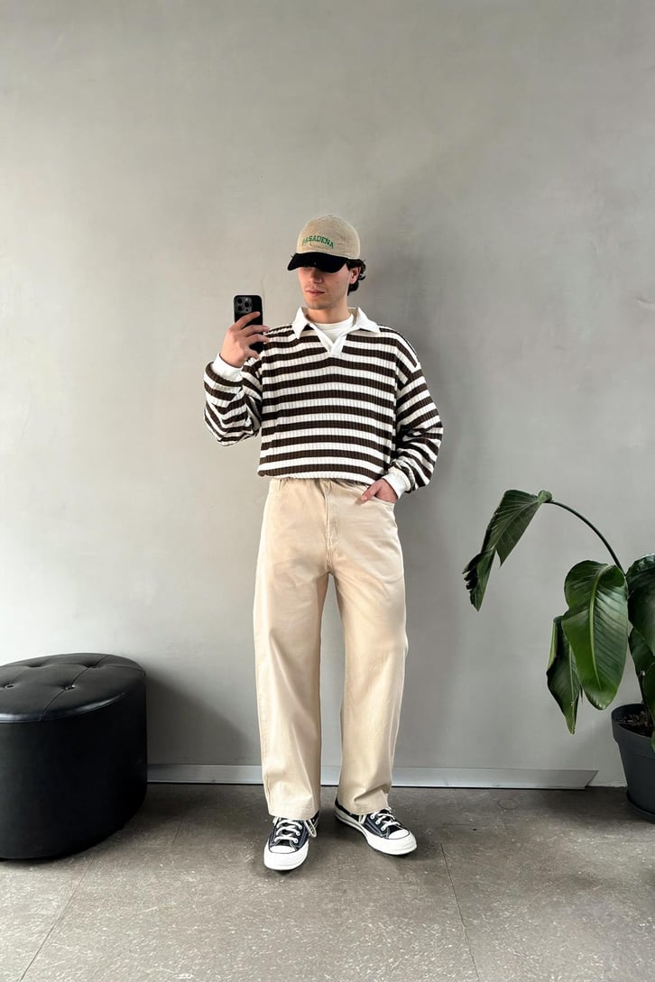 Tüylü Çizgili Polo Yaka Sweatshirt
