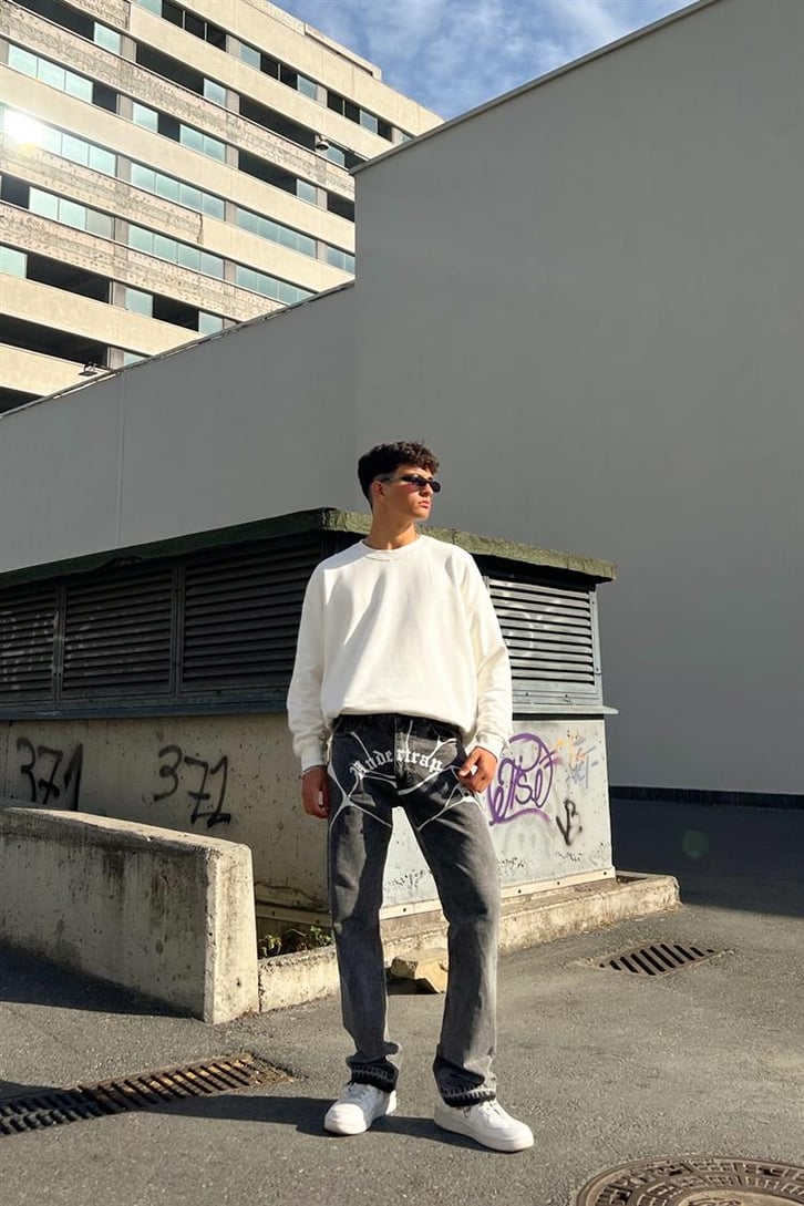 Undertrap Baskılı Gri Acid Wash Regular Fit Jean
