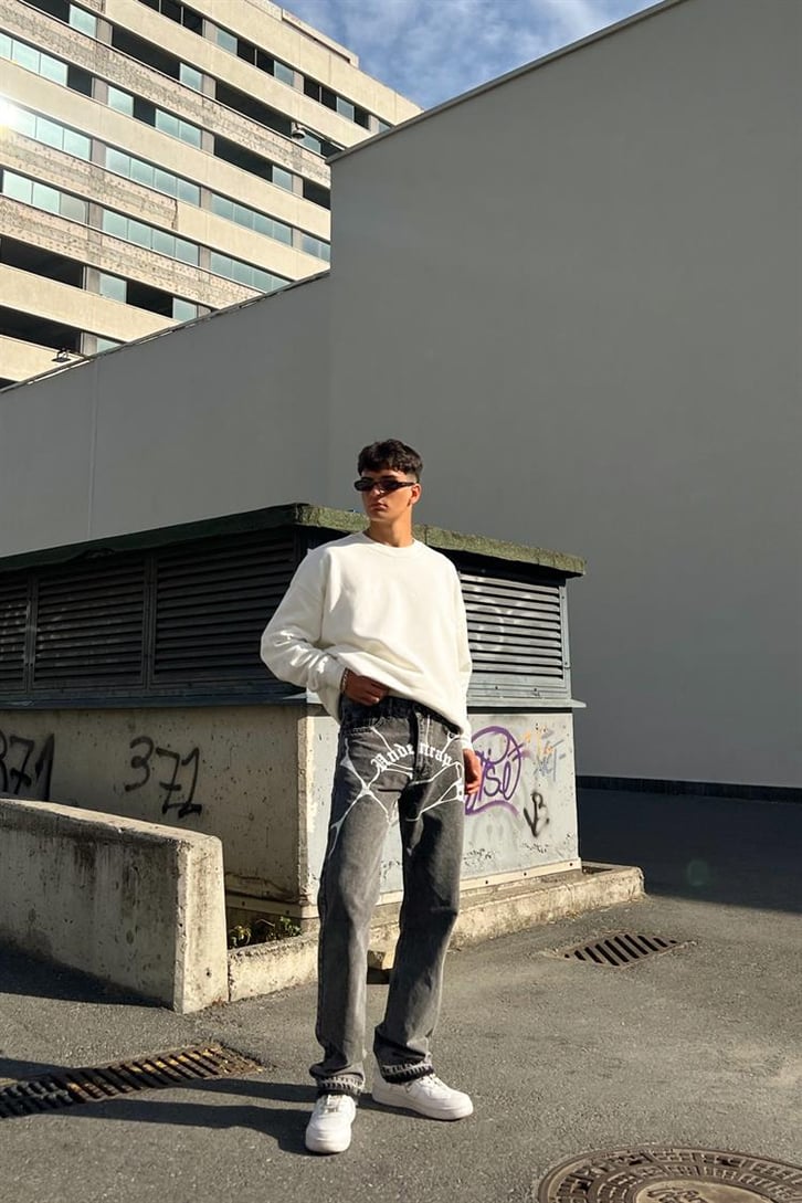 Undertrap Baskılı Gri Acid Wash Regular Fit Jean