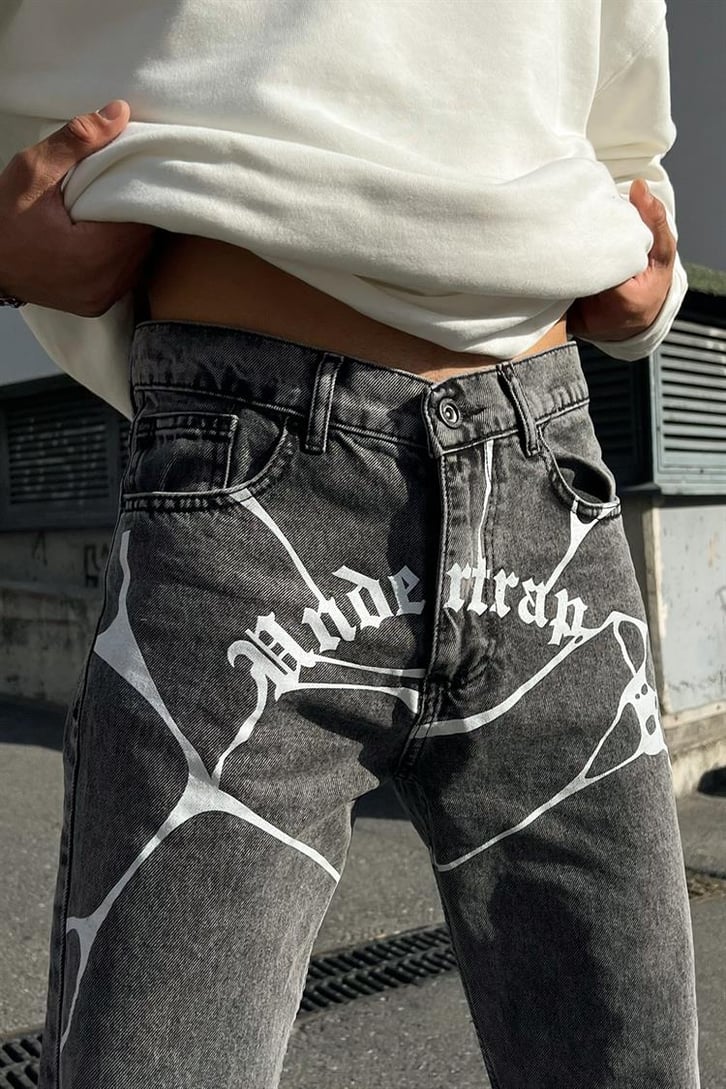 Undertrap Baskılı Gri Acid Wash Regular Fit Jean