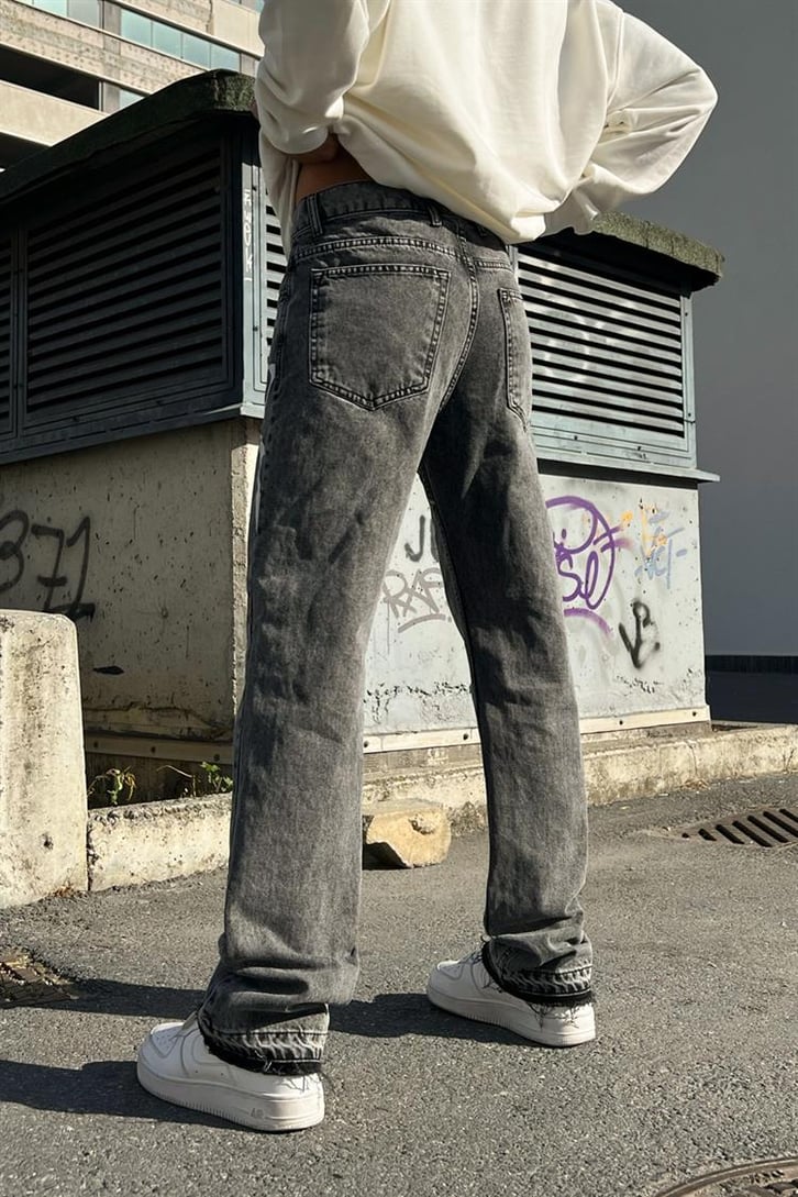 Undertrap Baskılı Gri Acid Wash Regular Fit Jean