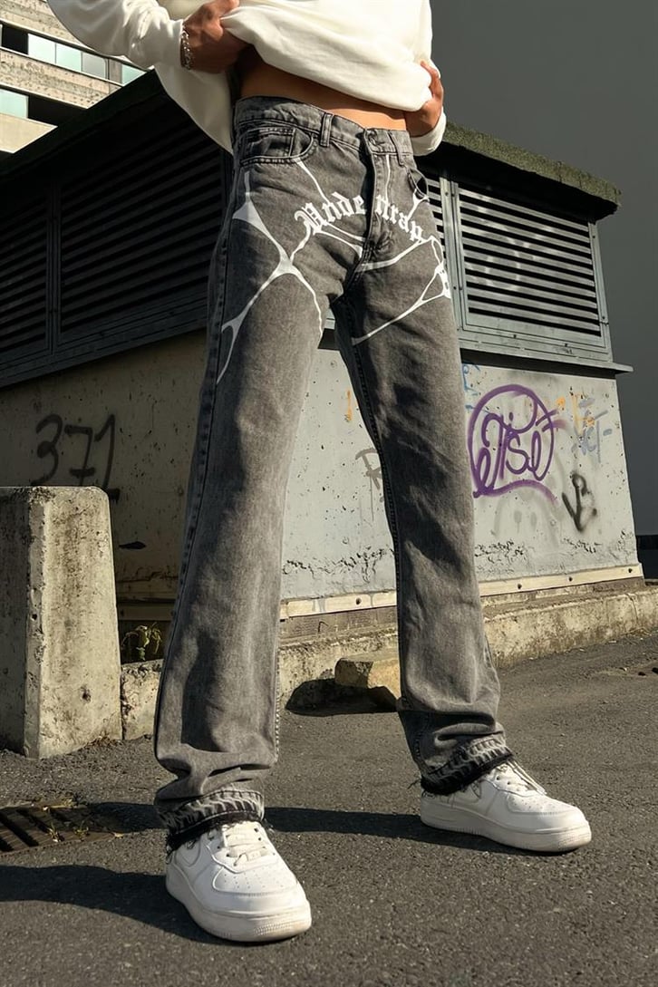 Undertrap Baskılı Gri Acid Wash Regular Fit Jean