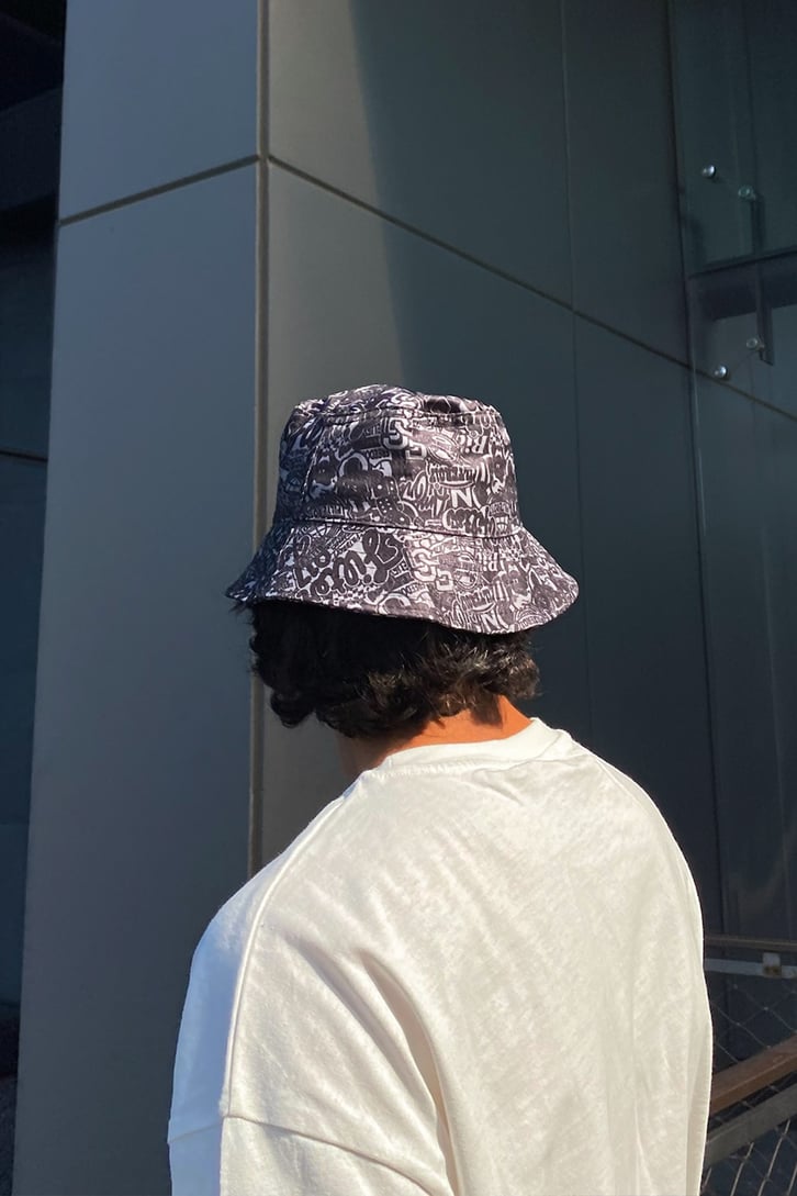 Unisex Letter Baskılı Siyah Bucket Şapka