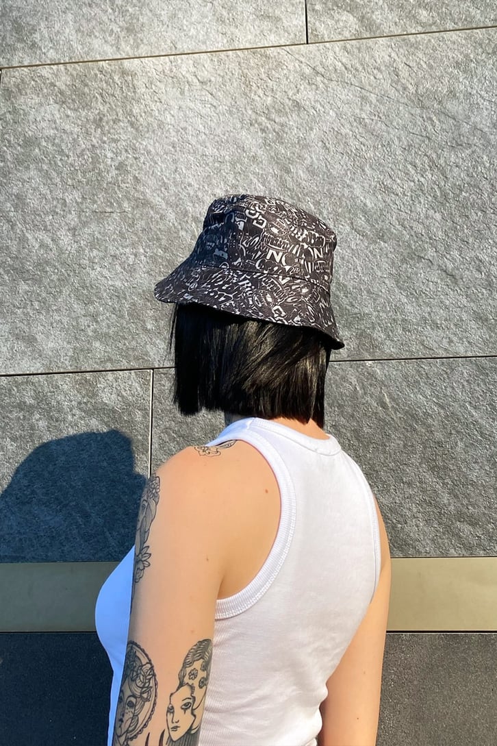 Unisex Letter Baskılı Siyah Bucket Şapka