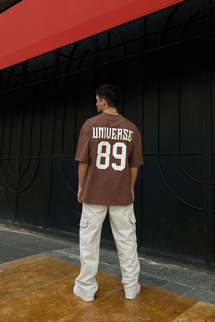 Universe 89 Baskılı Kahverengi Oversize Tshirt