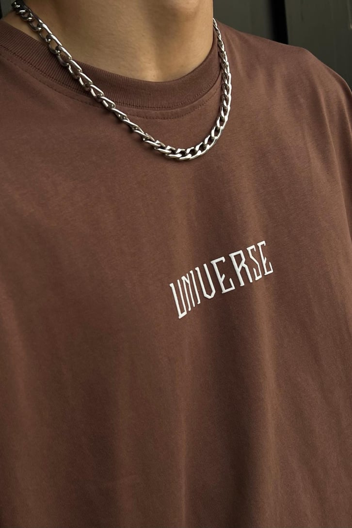 Universe 89 Baskılı Kahverengi Oversize Tshirt