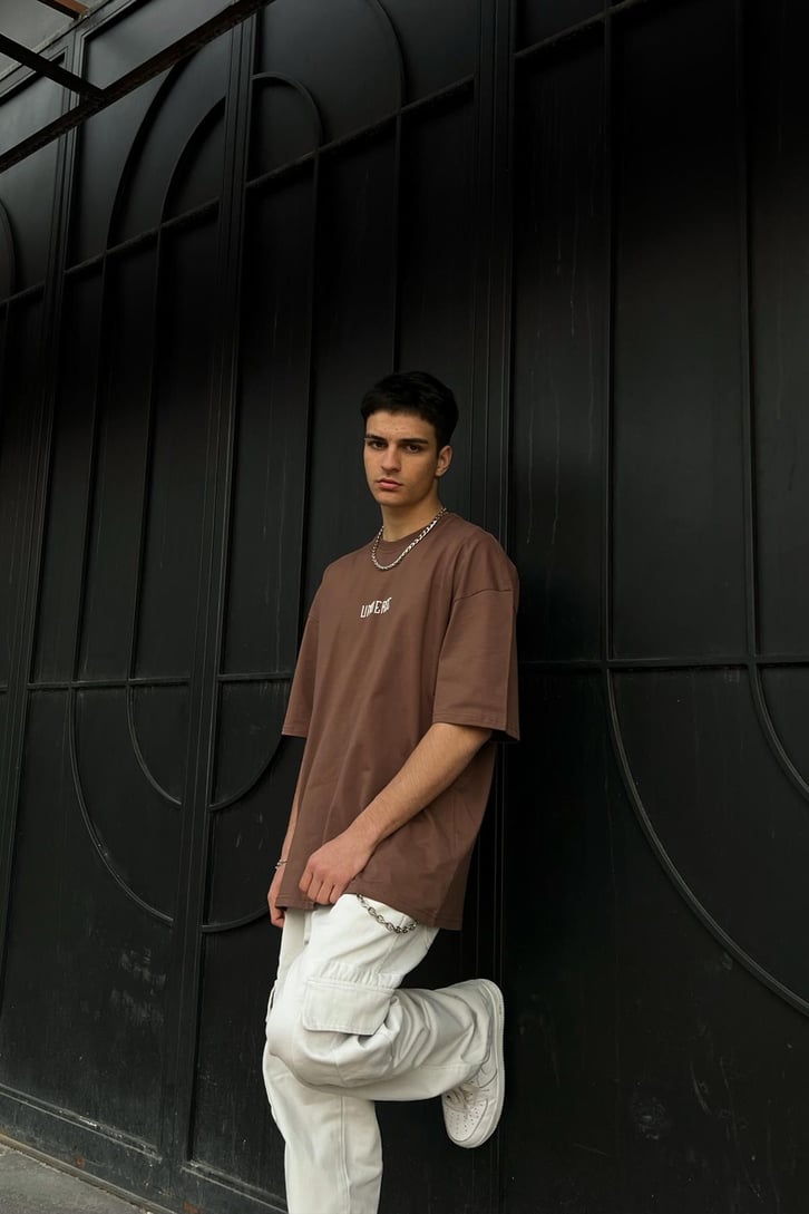 Universe 89 Baskılı Kahverengi Oversize Tshirt