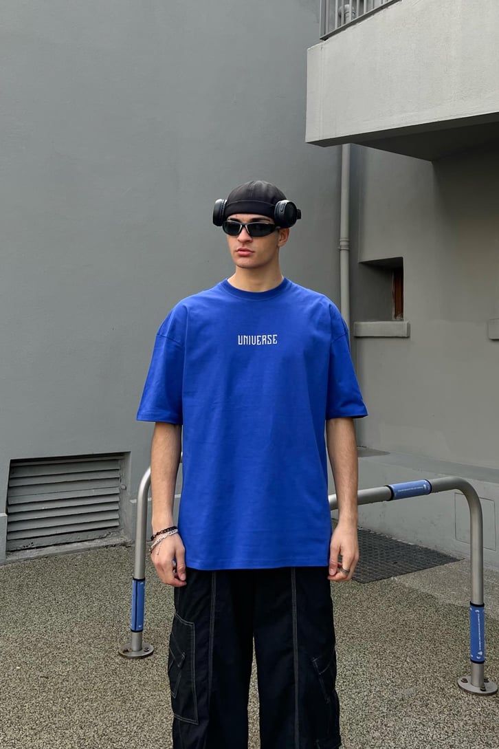 Universe 89 Baskılı Saks Mavisi Oversize Tshirt