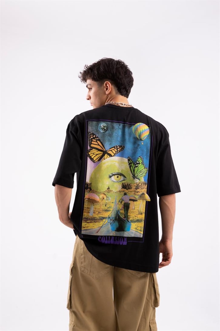 Unreality Sırt Baskılı Siyah Oversize Tshirt