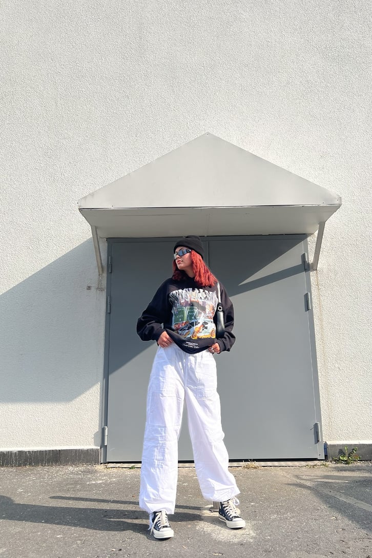 Uo-76 Nakışlı Beyaz Kargo Pantolon